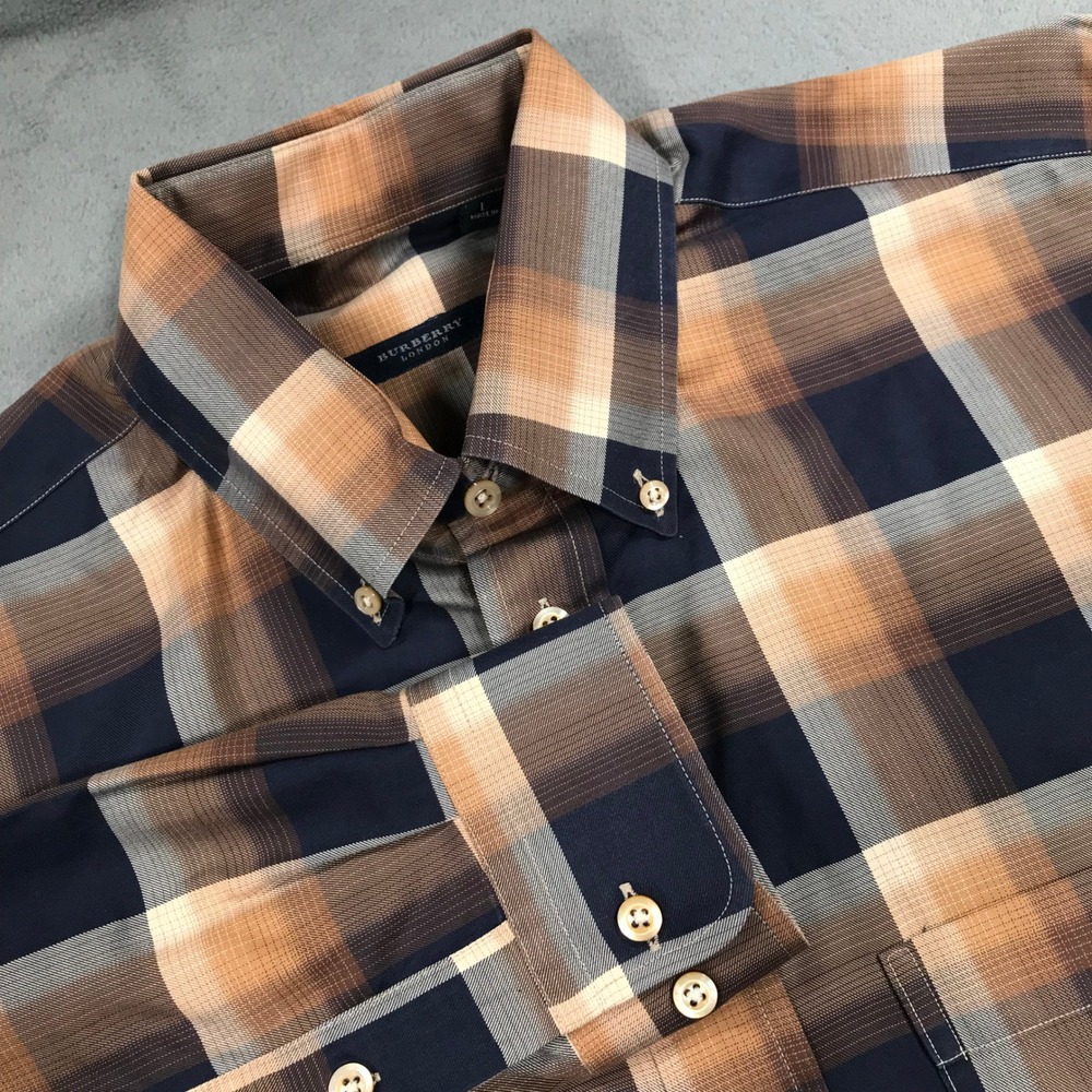 Burberry Button Down Shirt Mens Large Brown Plaid Excellent Long Sleeve Cotton